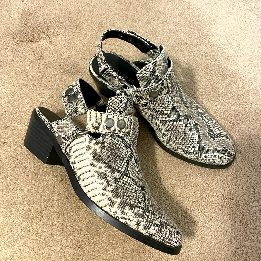 Indigo snakeskin clog mules